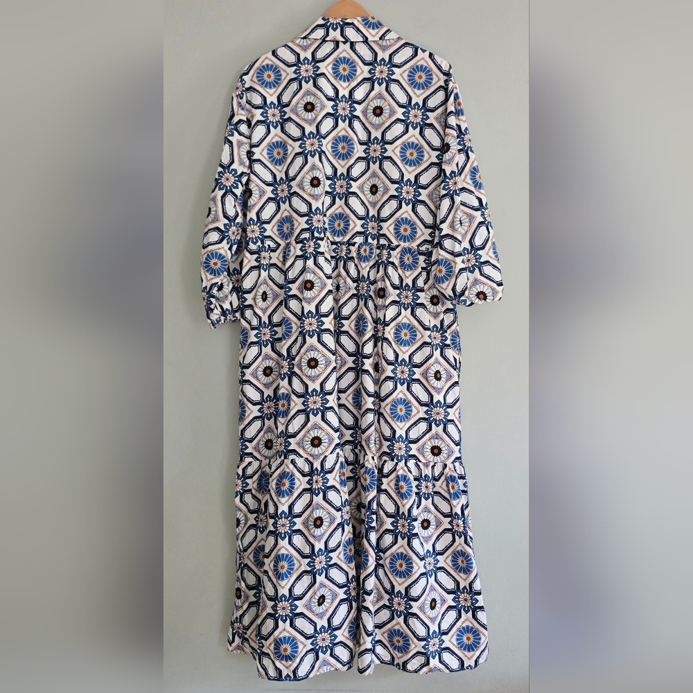 Anthropologie Maeve The Bettina in Sapphire White Tile Tiered Shirt Dress, Large - Picture 4 of 13